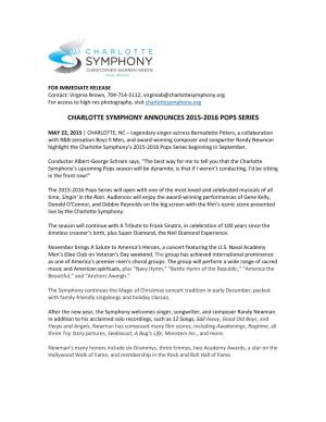 Charlotte Symphony Announces 2015-2016 Pops Series