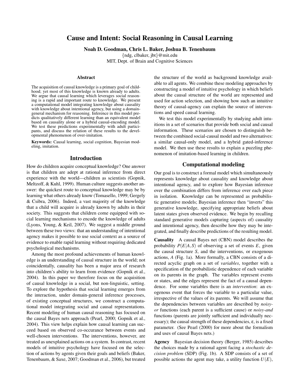 Cause and Intent: Social Reasoning in Causal Learning Noah D