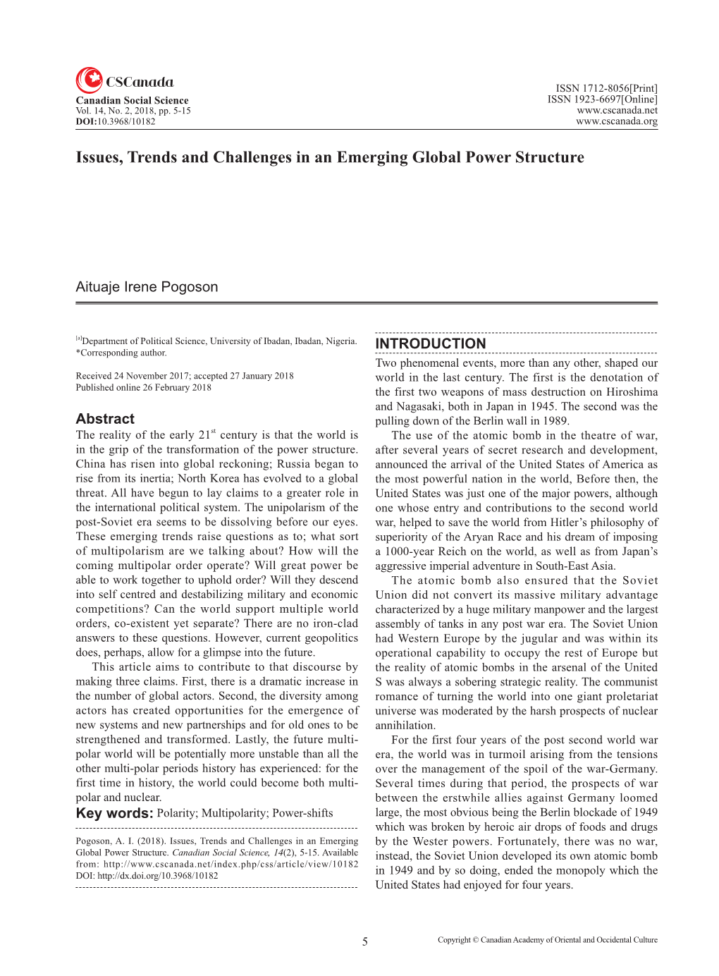 Issues, Trends and Challenges in an Emerging Global Power Structure