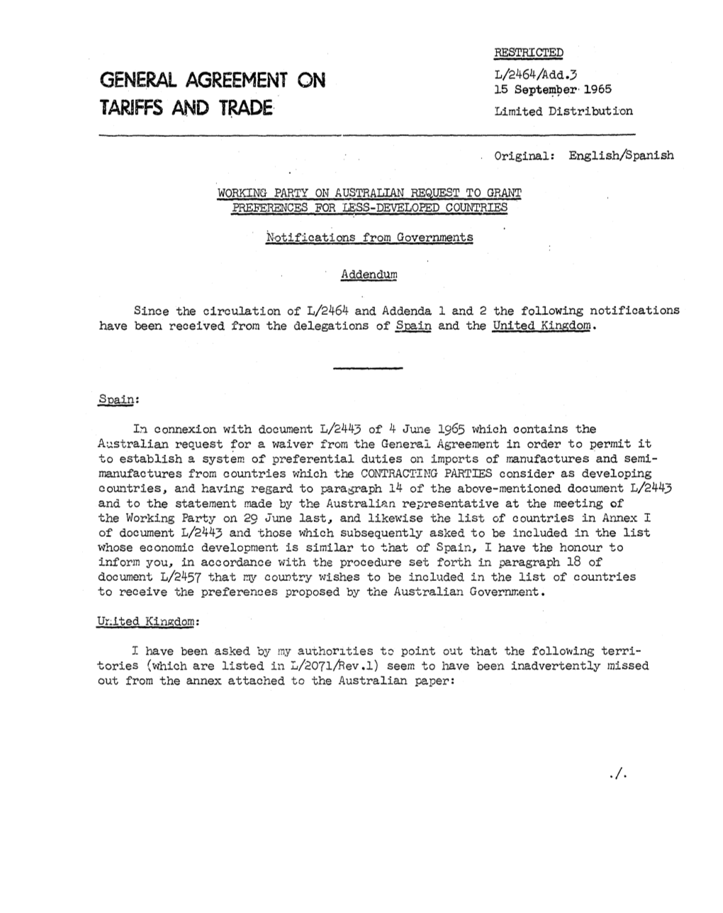 GENERAL AGREEMENT on 15 September 1965 TARIFFS and TRADE Limited Distribution