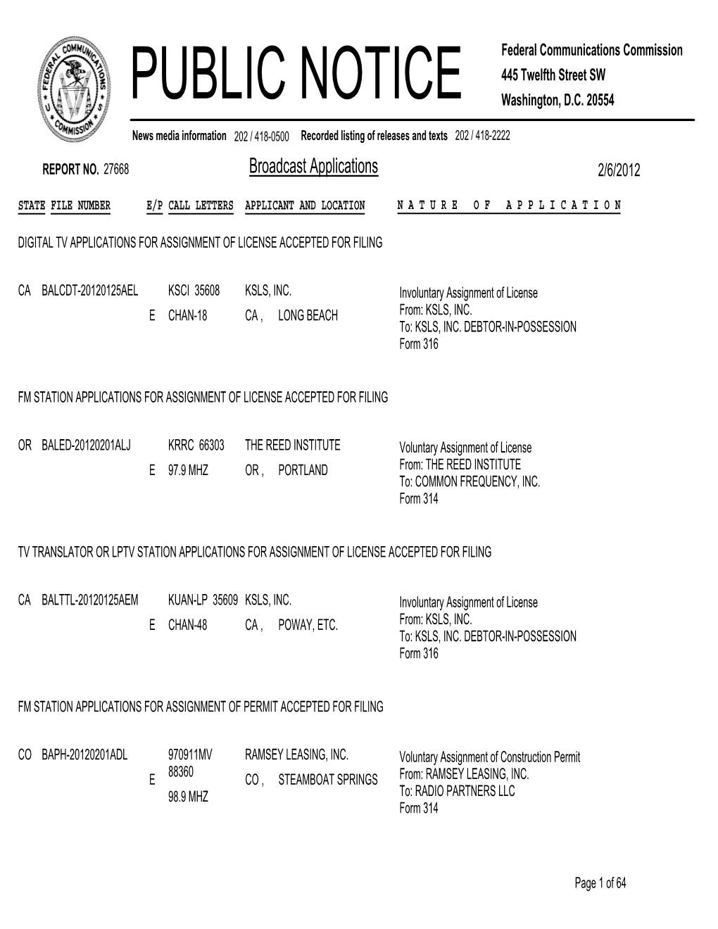 Broadcast Applications 2/6/2012