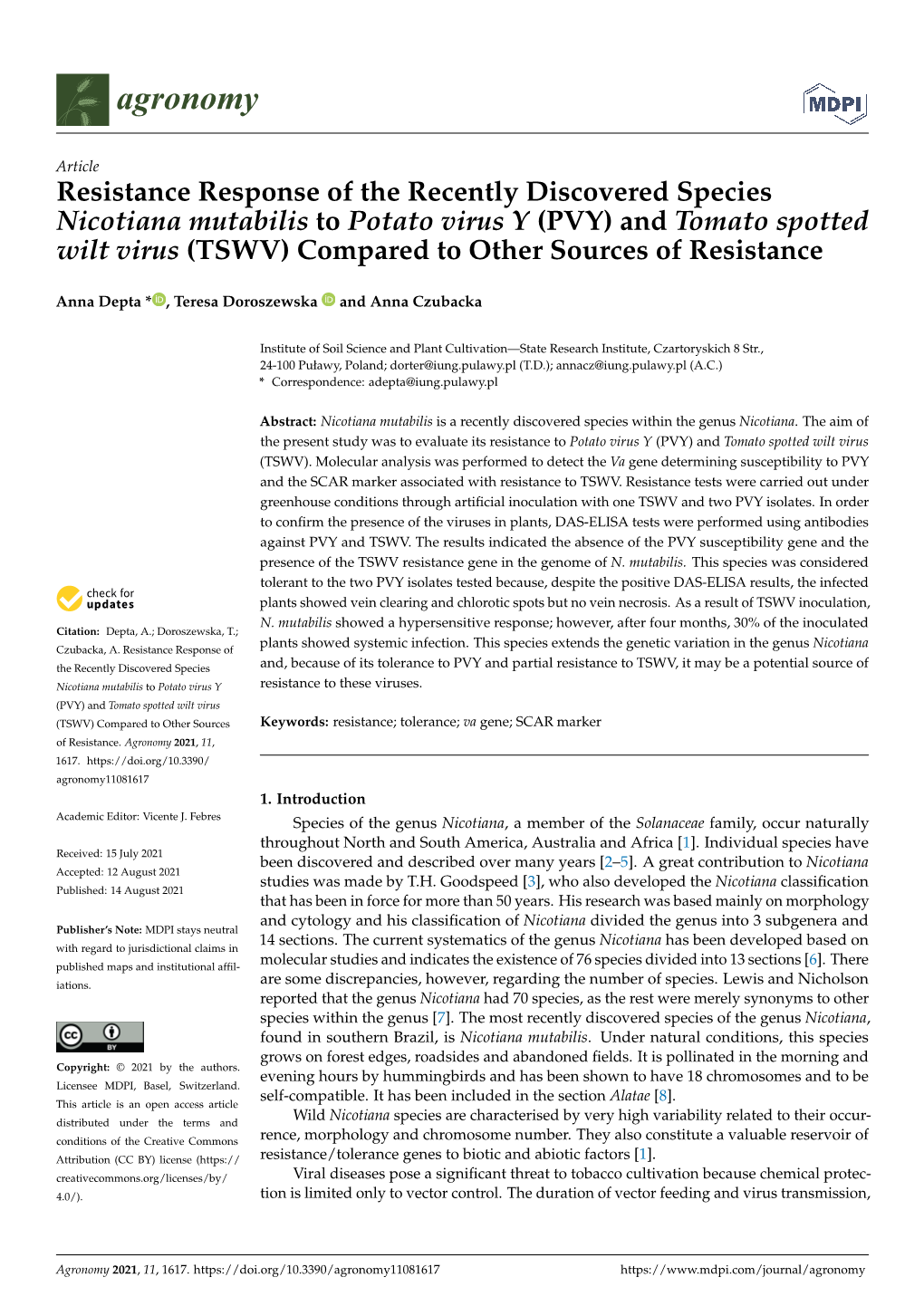 (PVY) and Tomato Spotted Wilt Virus (TSWV) Compared to Other Sources of Resistance