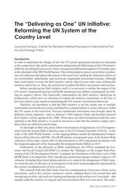 The “Delivering As One” UN Initiative: Reforming the UN System at the Country Level