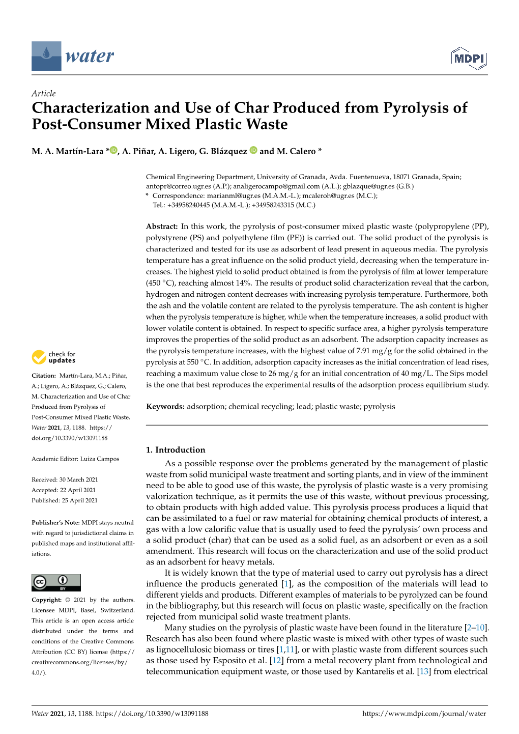 Characterization and Use of Char Produced from Pyrolysis of Post-Consumer Mixed Plastic Waste