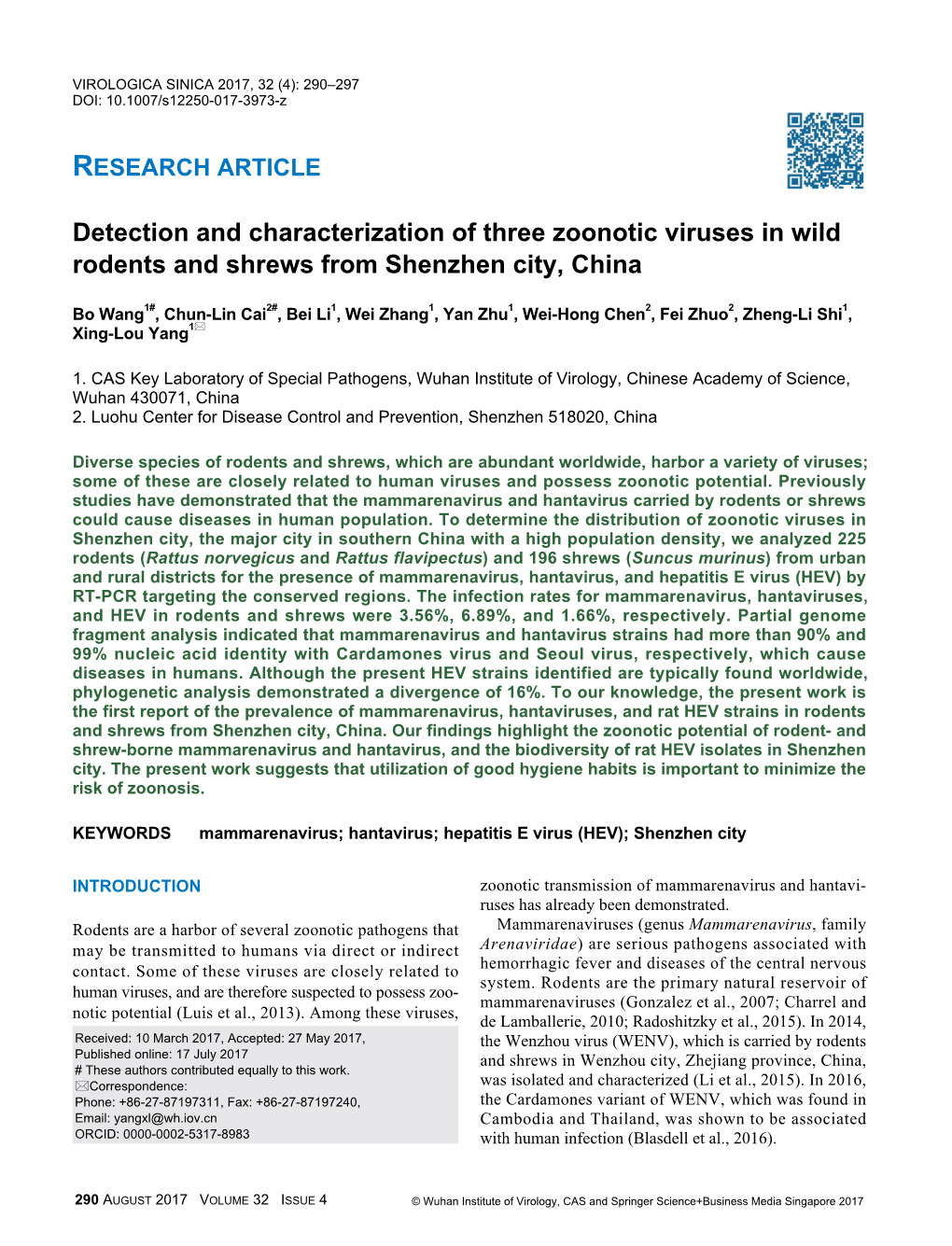 Detection and Characterization of Three Zoonotic Viruses in Wild Rodents and Shrews from Shenzhen City, China