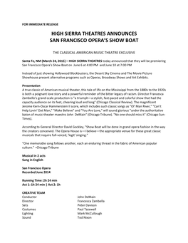 High Sierra Theatres Announces San Francisco Opera’S Show Boat