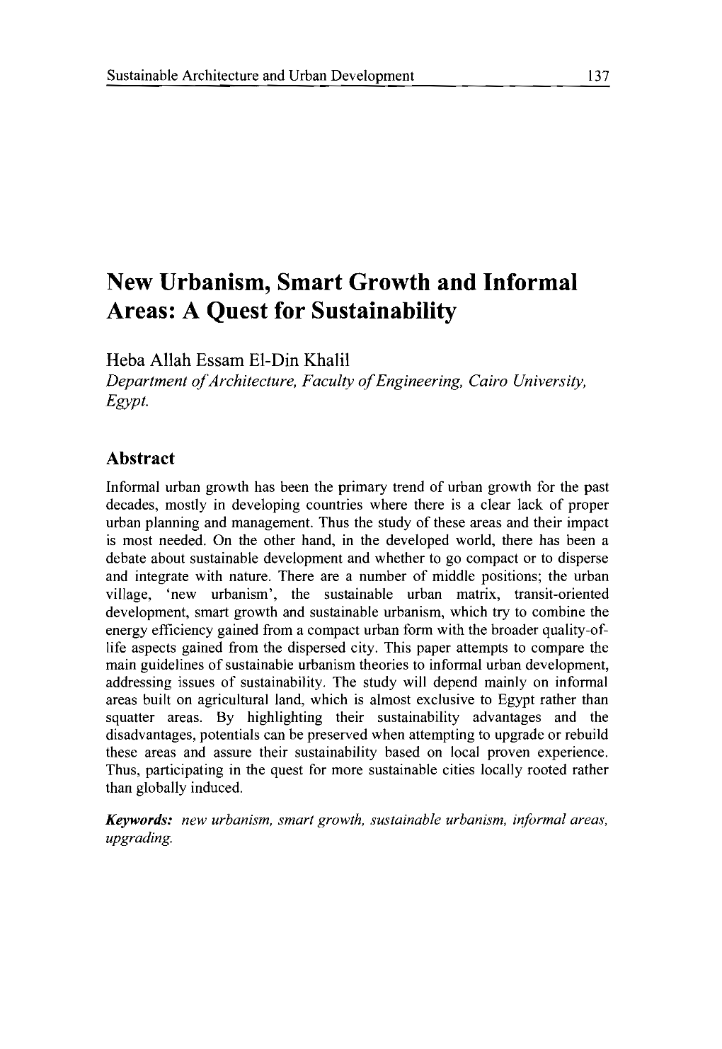 New Urbanism, Smart Growth and Informal Areas: a Quest for Sustainability