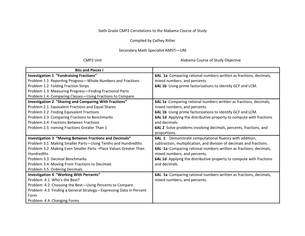 Sixth Grade CMP2 Correlations to the Alabama Course of Study