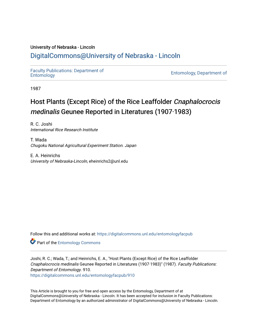 Host Plants (Except Rice) of the Rice Leaffolder <I>Cnaphalocrocis