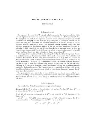 THE ARTIN-SCHREIER THEOREM 1. Introduction the Algebraic Closure