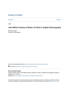 John Miltonâ•Žs History of Britain: Its Place in English Historiography