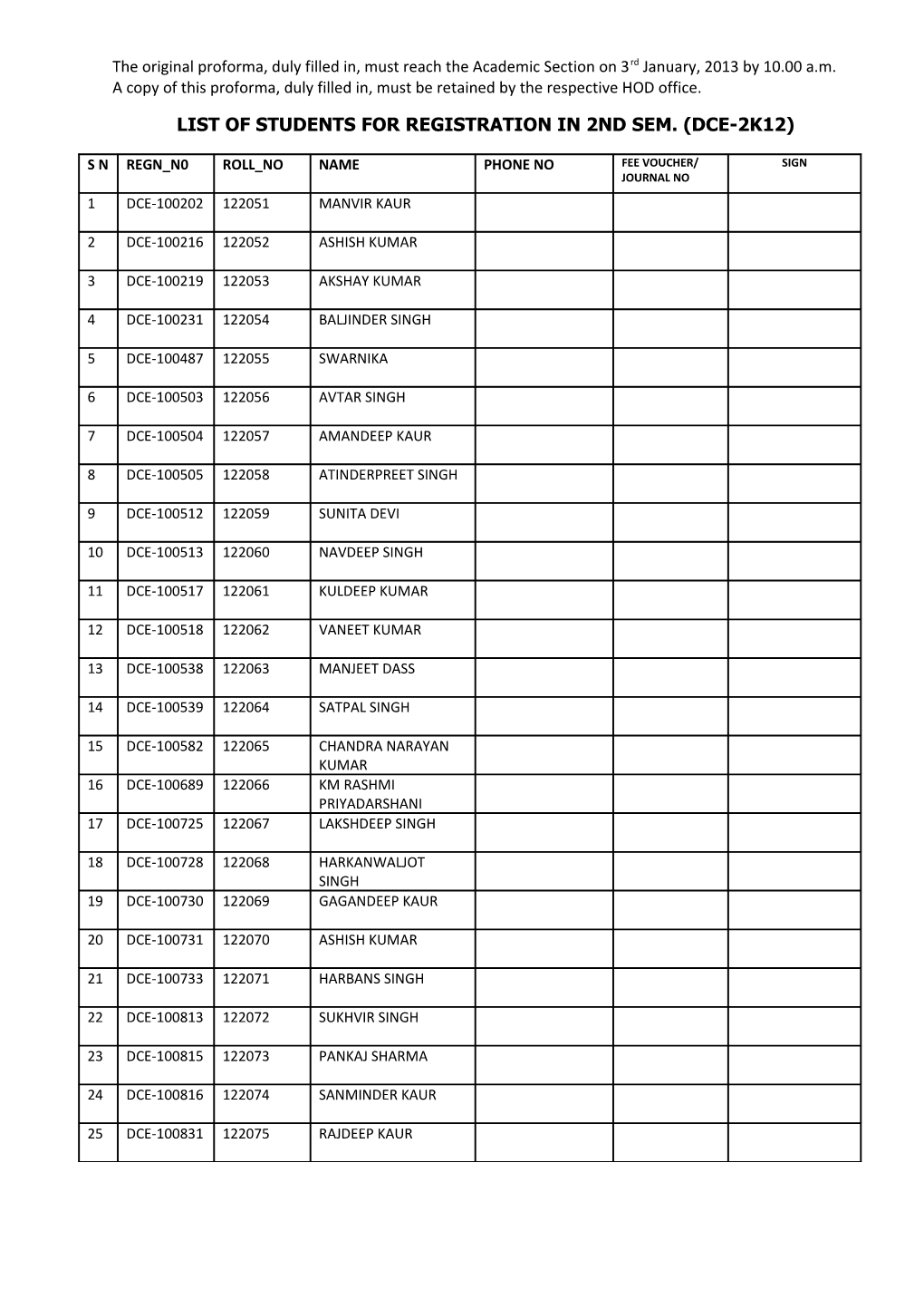 List of Students for Registration in 2Nd Sem. (Dce-2K12)