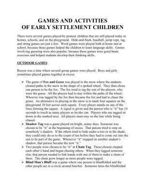 Games and Activities of Early Settlement Children