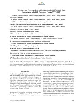 Geothermal Resource Potential of the Garibaldi Volcanic Belt, Southwestern British Columbia (Part of NTS 092J)