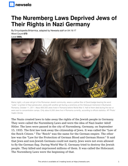 The Nuremberg Laws Deprived Jews of Their Rights in Nazi Germany by Encyclopedia Britannica, Adapted by Newsela Staff on 04.19.17 Word Count 670 Level 800L