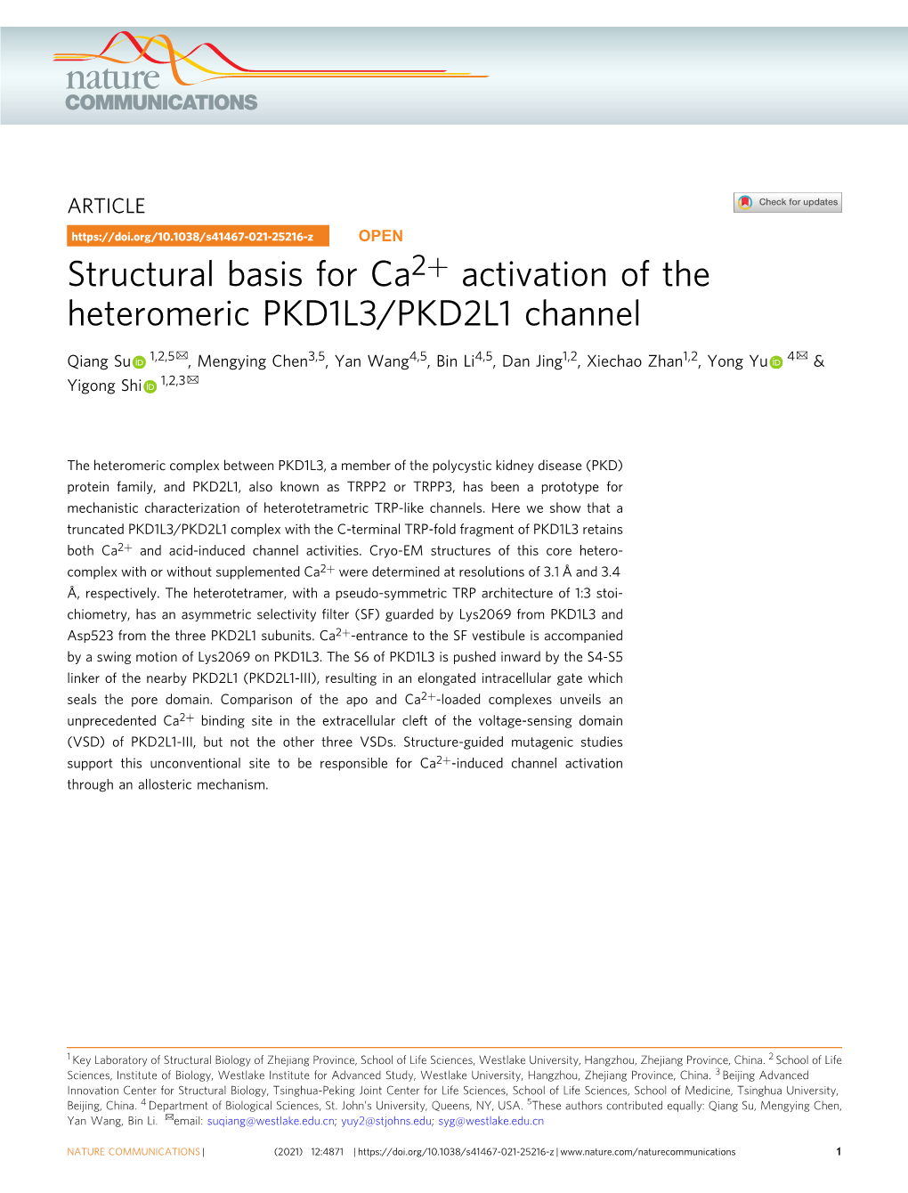 Structural Basis for Ca2+ Activation of the Heteromeric PKD1L3/PKD2L1