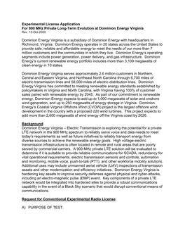 Experimental License Application for 900 Mhz Private Long-Term Evolution at Dominion Energy Virginia Rev