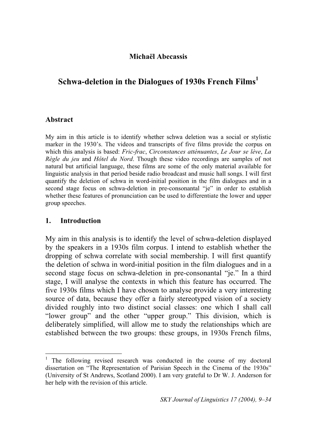 Schwa-Deletion in the Dialogues of 1930S French Films1