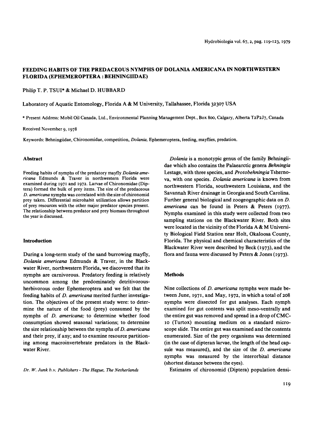 Feeding Habits of the Predaceous Nymphs of Dolania Americana in Northwestern Florida (Ephemeroptera : Behningiidae)