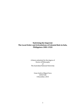 Nativizing the Imperial: the Local Order and Articulations of Colonial Rule in Sulu, Philippines 1881-1920