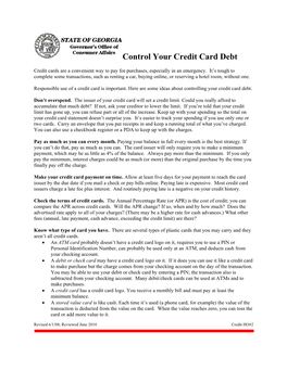Credit and Debt Control Your Credit Card Debt Handout