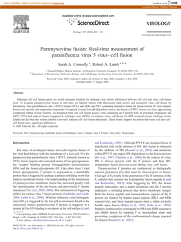 Paramyxovirus Fusion: Real-Time Measurement of Parainfluenza Virus 5 Virus–Cell Fusion ⁎ Sarah A