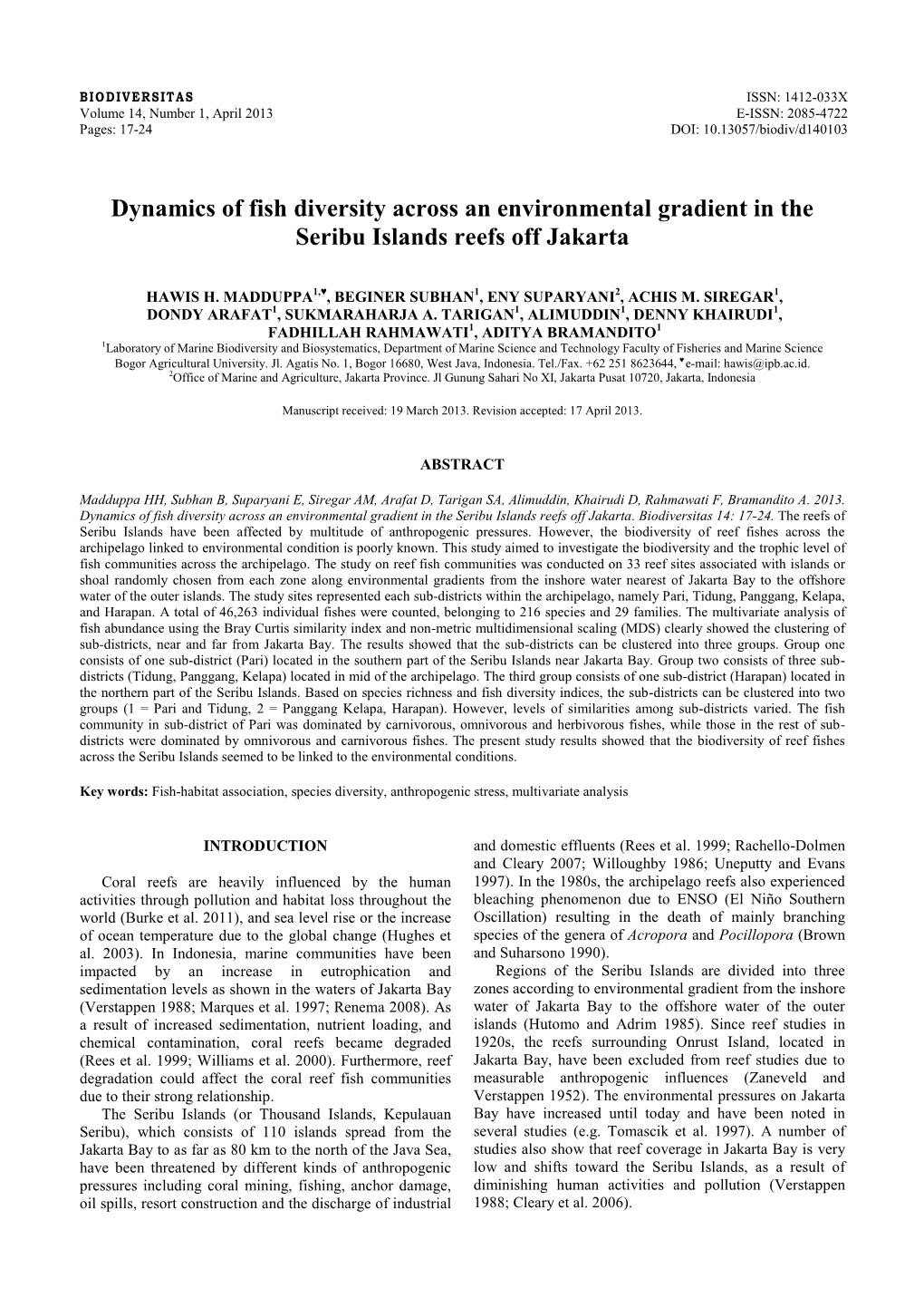 Dynamics of Fish Diversity Across an Environmental Gradient in the Seribu Islands Reefs Off Jakarta