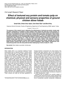 Effect of Textured Soy Protein and Tomato Pulp on Chemical, Physical and Sensory Properties of Ground Chicken Döner Kebab
