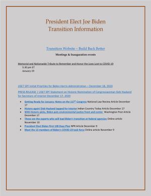 President Elect Joe Biden Transition Information