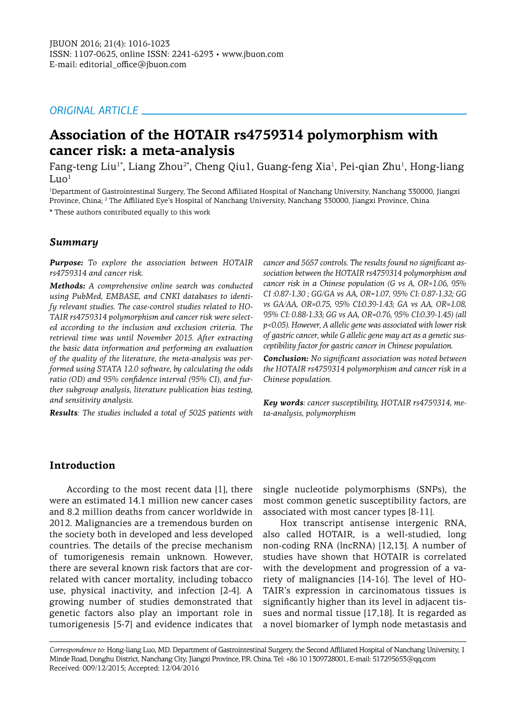 Association of the HOTAIR Rs4759314 Polymorphism with Cancer