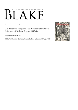 Mrs. Colman's Illustrated Printings of Blake's Poems, 1843-44