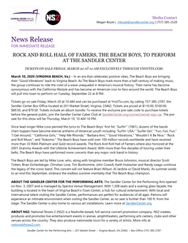 News Release for IMMEDIATE RELEASE ROCK and ROLL HALL of FAMERS, the BEACH BOYS, to PERFORM at the SANDLER CENTER