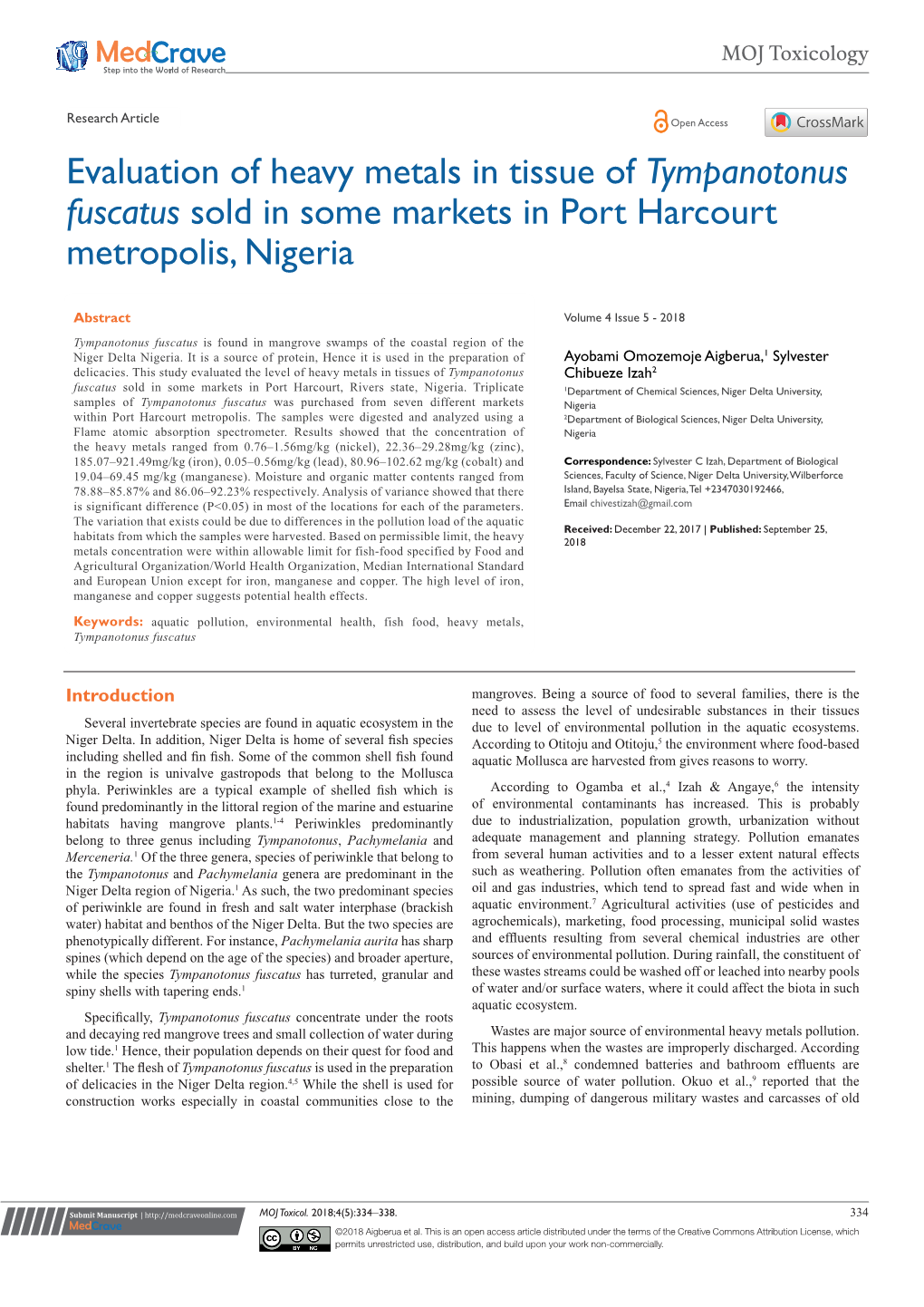 Evaluation of Heavy Metals in Tissue of Tympanotonus Fuscatus Sold in Some Markets in Port Harcourt Metropolis, Nigeria