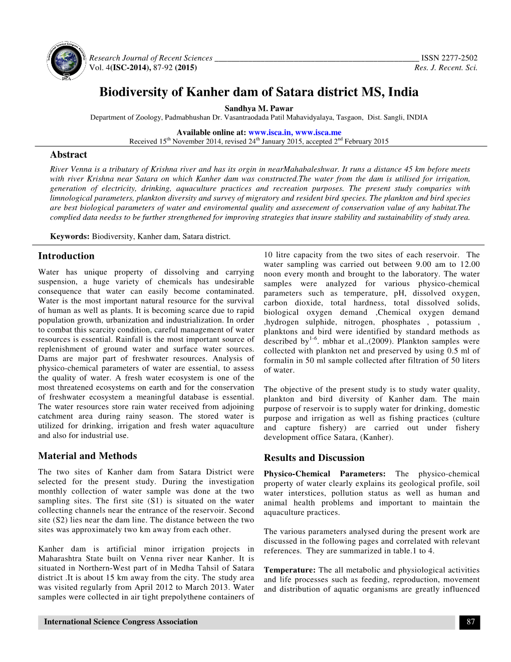 Biodiversity of Kanher Dam of Satara District MS, India Sandhya M