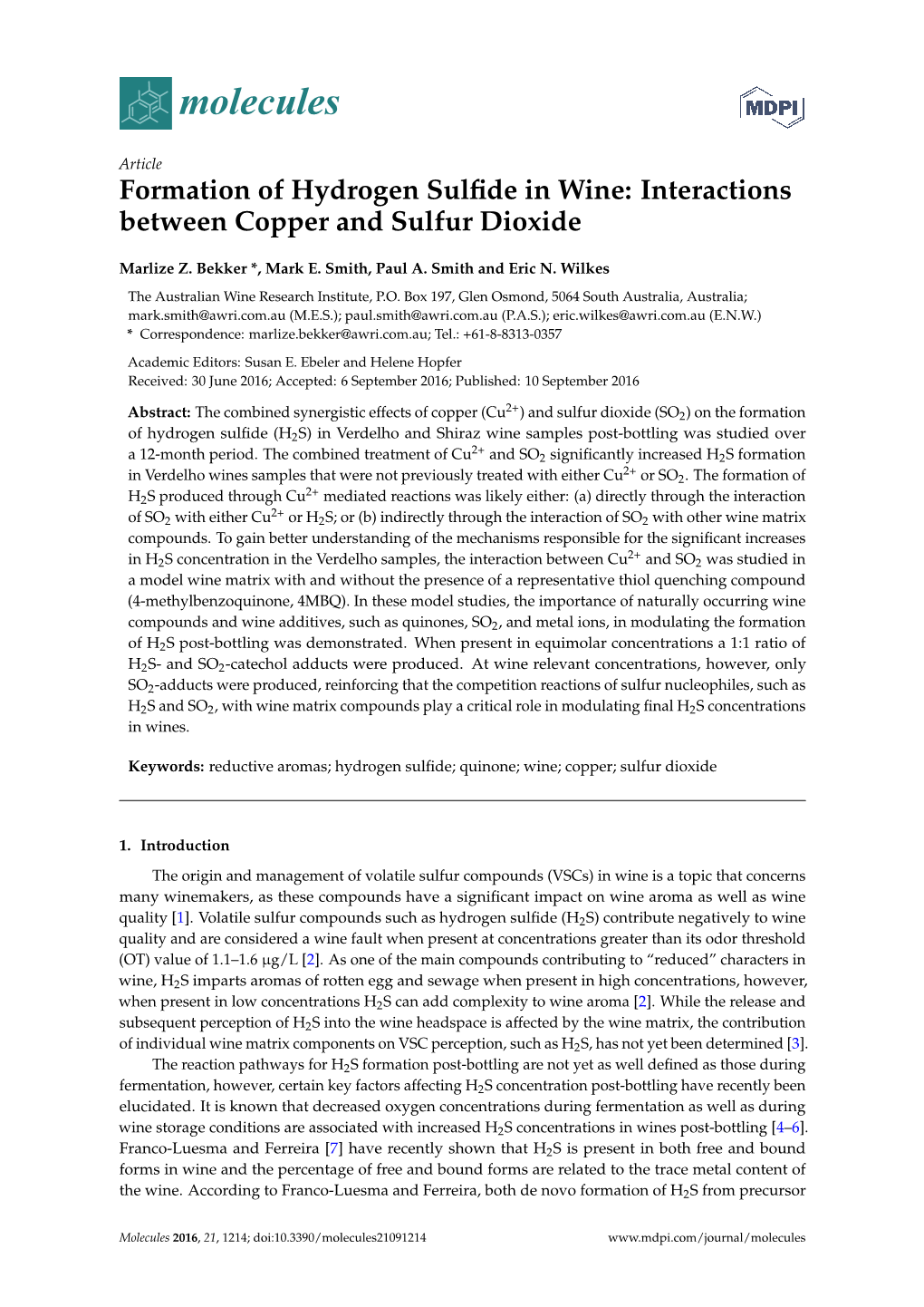 Formation of Hydrogen Sulfide in Wine: Interactions Between Copper