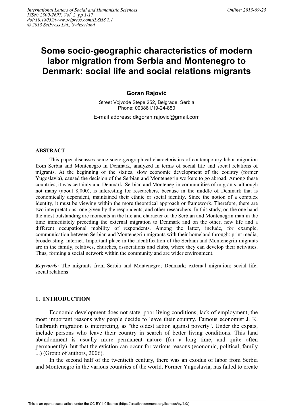 Some Socio-Geographic Characteristics of Modern Labor Migration from Serbia and Montenegro to Denmark: Social Life and Social Relations Migrants