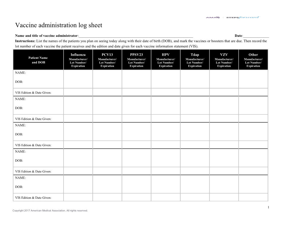 Vaccine Administration Log Sheet Name and Title of Vaccine Administrator :______Date:______