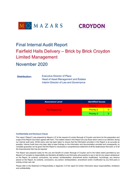 Final Internal Audit Report Fairfield Halls Delivery – Brick by Brick Croydon Limited Management November 2020