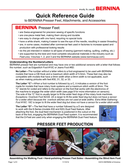 Quick Reference Guide to BERNINA Presser Feet, Attachments, and Accessories