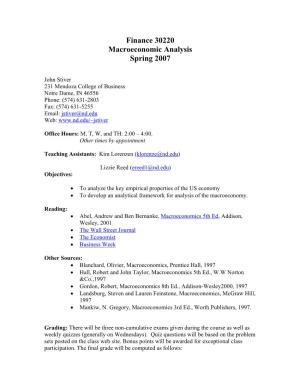 Finance 30220 Macroeconomic Analysis Spring 2007