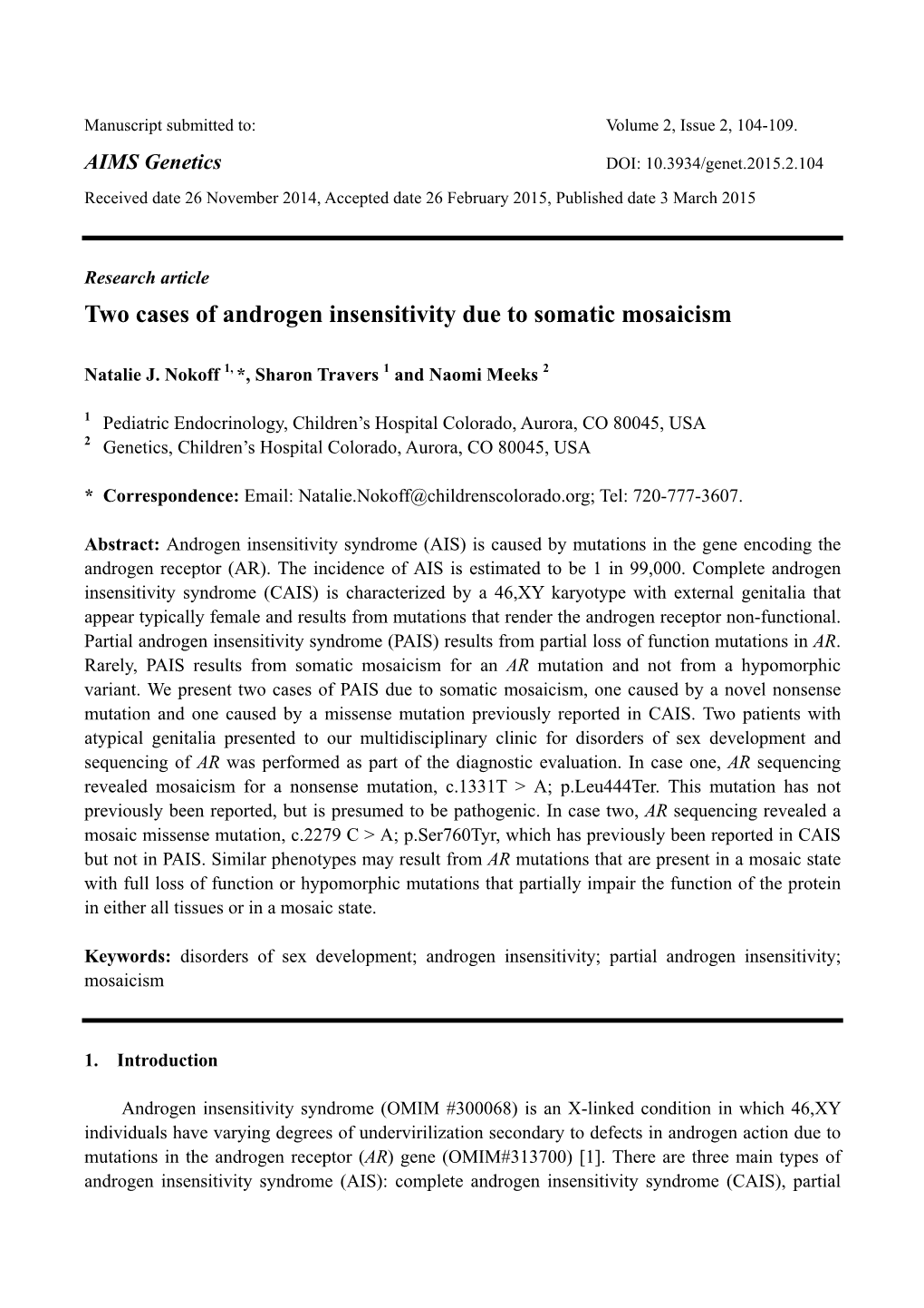 Two Cases of Androgen Insensitivity Due to Somatic Mosaicism