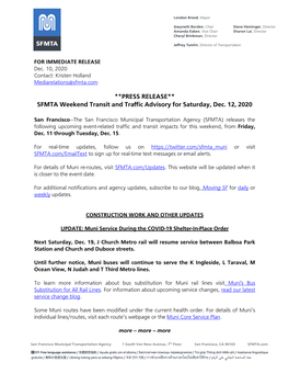 PRESS RELEASE** SFMTA Weekend Transit and Traffic Advisory for Saturday, Dec