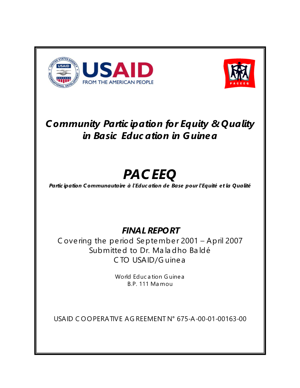 PACEEQ Participation Communautaire À L’Education De Base Pour L’Equité Et La Qualité