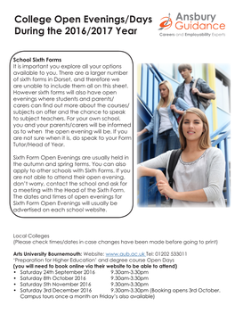 College Open Evenings/Days During the 2016/2017 Year