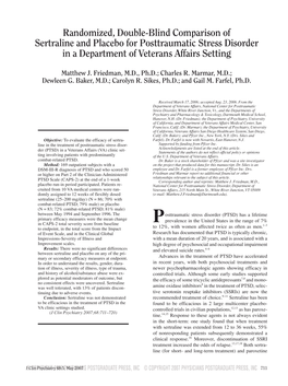 Randomized, Double-Blind Comparison of Sertraline and Placebo for Posttraumatic Stress Disorder in a Department of Veterans Affairs Setting