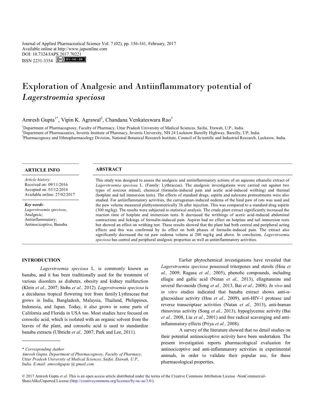 Exploration of Analgesic and Antiinflammatory Potential of Lagerstroemia Speciosa