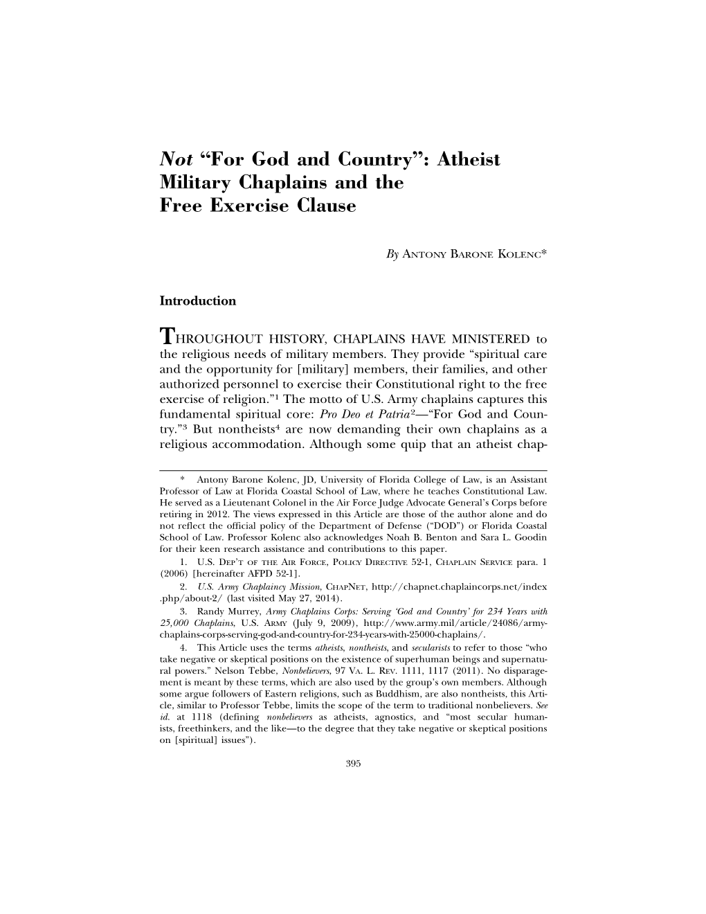 Not “For God and Country”: Atheist Military Chaplains and the Free Exercise Clause