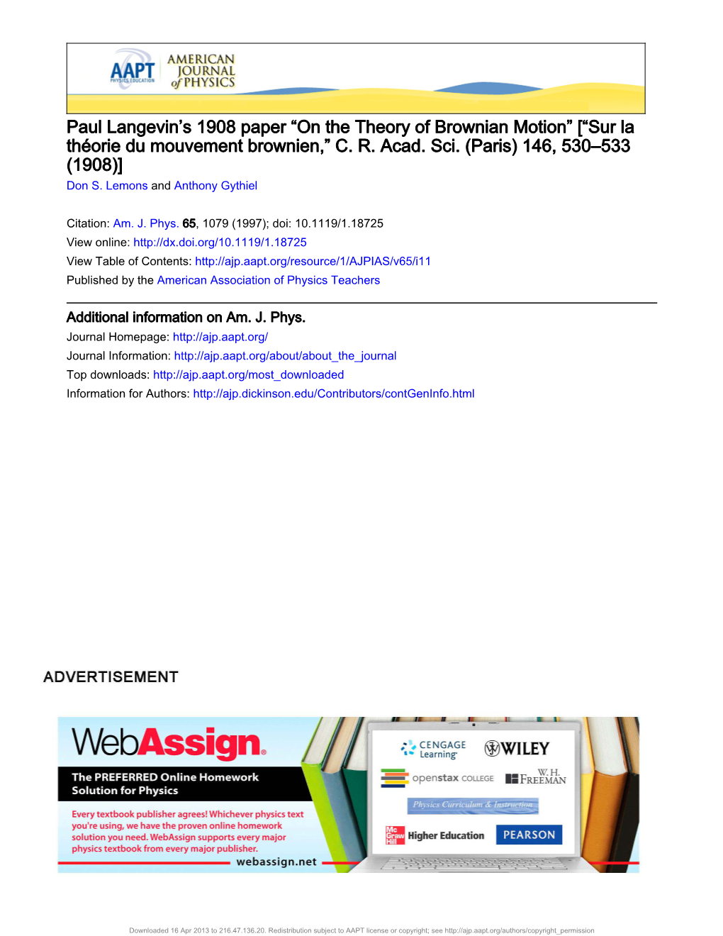 Paul Langevin's 1908 Paper “On the Theory of Brownian Motion”