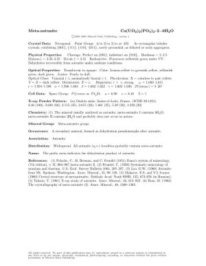 Meta-Autunite Ca(UO2)2(PO4)2 • 2−6H2O C 2001-2005 Mineral Data Publishing, Version 1