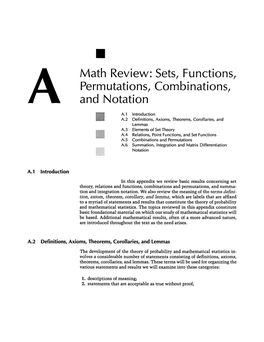 Math Review: Sets, Functions, Permutations, Combinations, and Notation